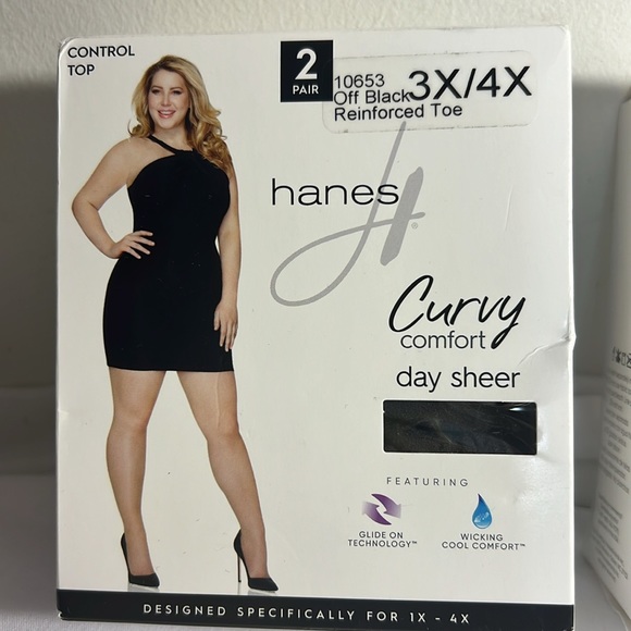 NEW IN BOX Hanes Curvy Comfort Control Top Day Sheer Off Black Pantyhose 3X/4X - Picture 2 of 4